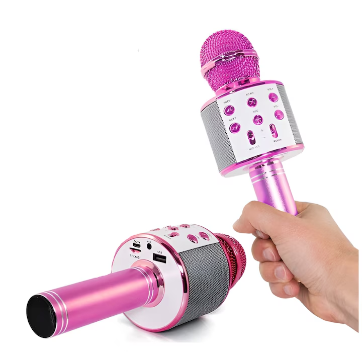 Microfon Karaoke de copii Wireless, Boxa integrata, Card SD, multifunctional, stereo, Roz + Minge zburatoare LED, USB, 200mAh, Rosu