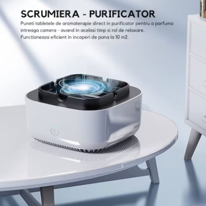 Scrumiera electrica cu purificator de aer, aspiratie 360 de grade, multifunctionala, functionare cu baterii, buton ON/OFF, din material ignifug, negru/gri