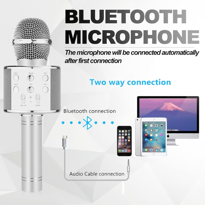Microfon karaoke wireless, Portabil, Argintiu + Minge zburatoare LED, USB, 200mAh, Rosu 