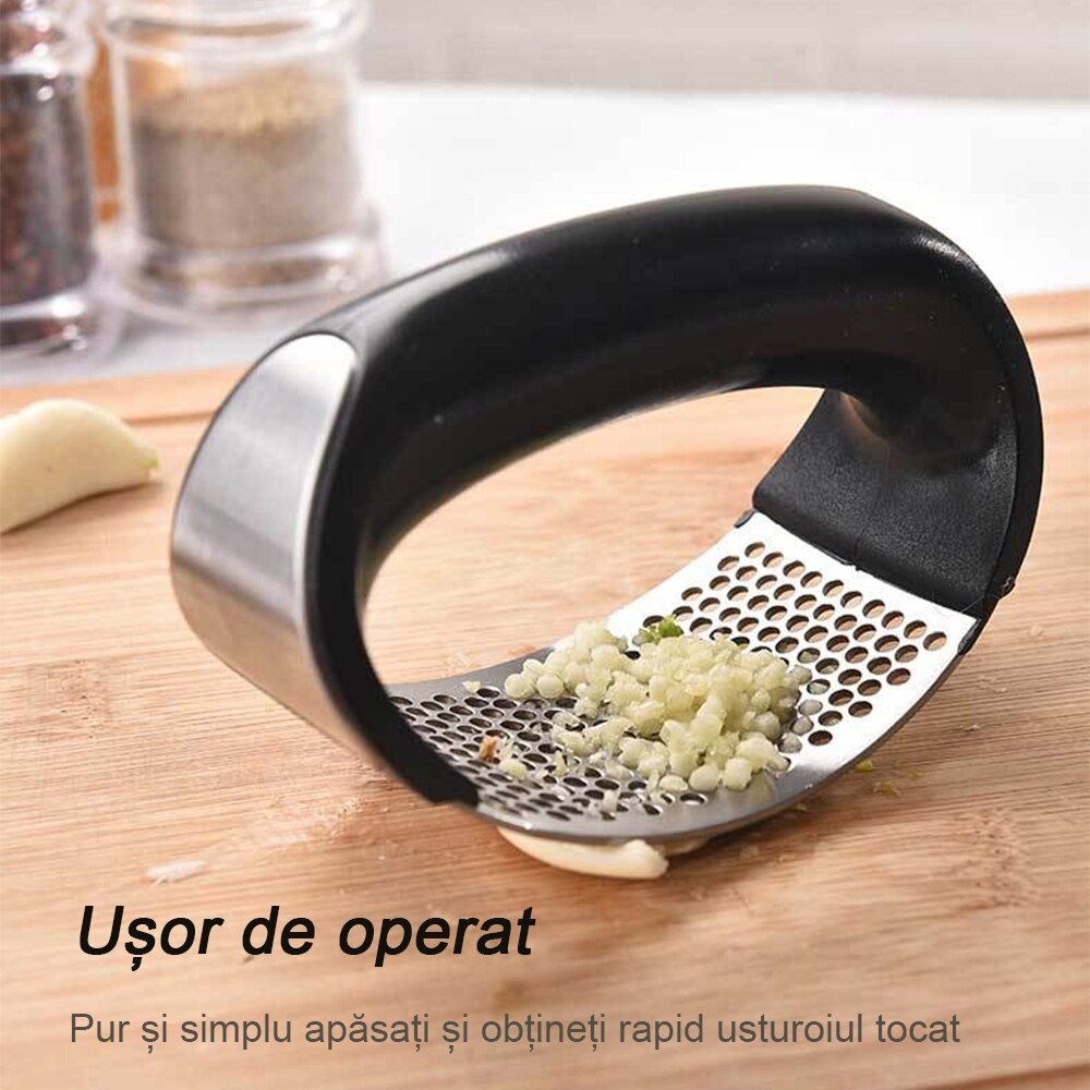 Presa pentru usturoi, zdrobitor manual curbat, inox, negru