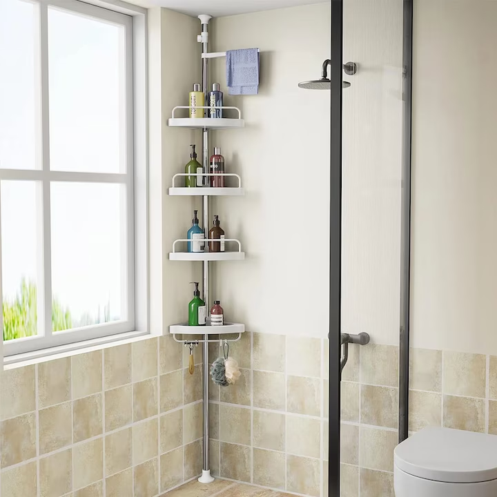 Etajera baie extensibila cu 4 polite si umeras, coltar pentru baie, 3 carlige, 100-320cm, alb
