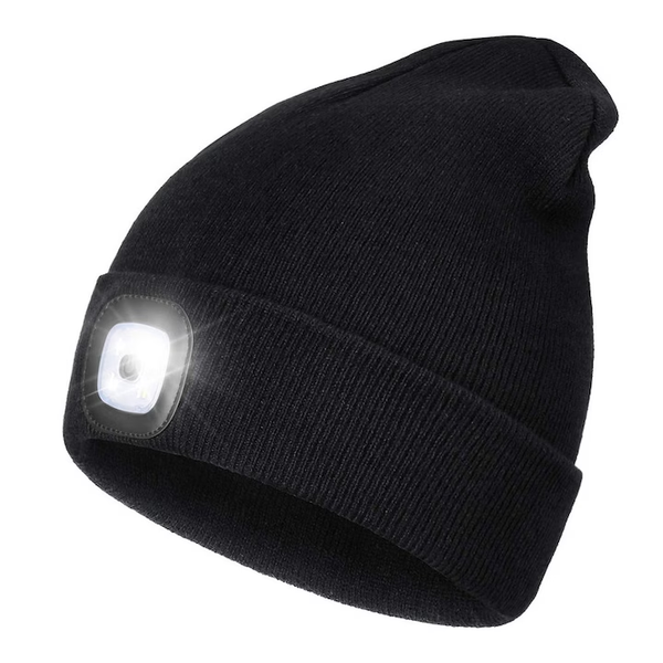 Caciula unisex tip beanie din acril cu lumina 4 LED frontala reincarcabila prin USB, Marime univesala, Negru