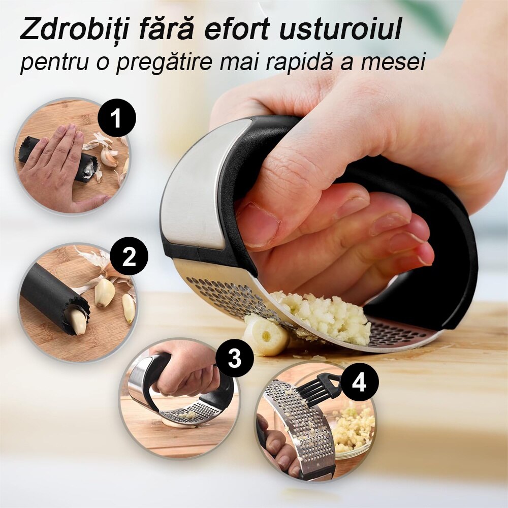 Presa pentru usturoi, zdrobitor manual curbat, inox, negru