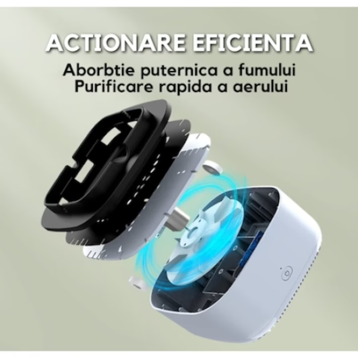 Scrumiera electrica cu purificator de aer, aspiratie 360 de grade, multifunctionala, functionare cu baterii, buton ON/OFF, din material ignifug, negru/gri