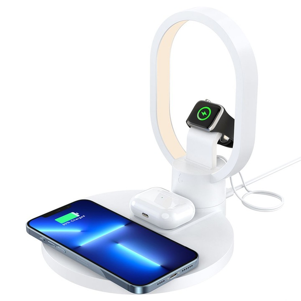 Incarcator wireless telefon, ceas si casti cu functie lampa Iluminare LED, 4 in 1, Fast Charger 15W Incarcare Rapida, Cablu Usb Tip C Inclus