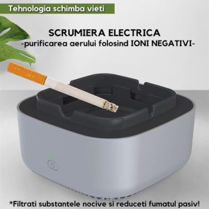 Scrumiera electrica cu purificator de aer, aspiratie 360 de grade, multifunctionala, functionare cu baterii, buton ON/OFF, din material ignifug, negru/gri