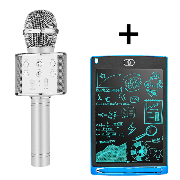 Microfon karaoke wireless, Portabil, Argintiu + Tableta grafica de desenat pentru copii, cu buton de stergere si creion