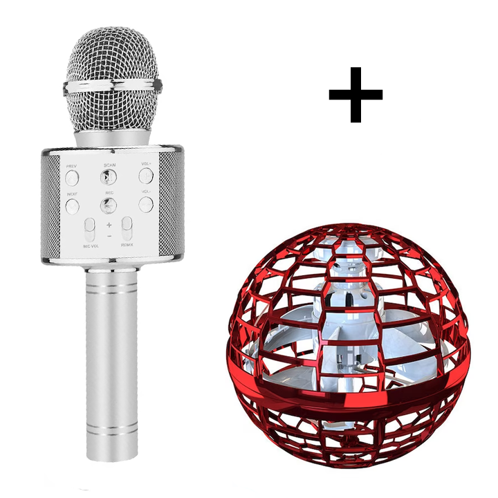Microfon karaoke wireless, Portabil, Argintiu + Minge zburatoare LED, USB, 200mAh, Rosu 