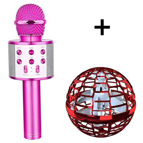 Microfon Karaoke de copii Wireless, Boxa integrata, Card SD, multifunctional, stereo, Roz + Minge zburatoare LED, USB, 200mAh, Rosu