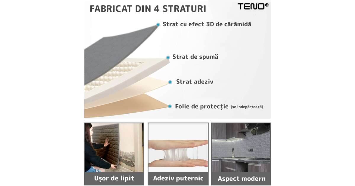 Tapet Caramida 3D, autoadeziv, waterproof, usor de montat, design modern, 70x77 cm, gri