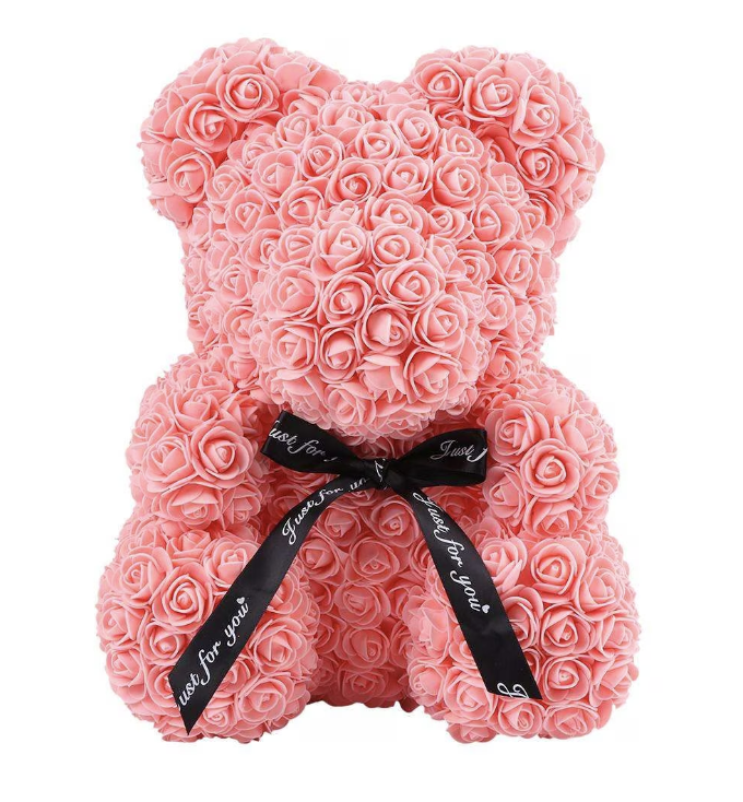 Ursulet din trandafiri de sapun decorat manual, inaltime 25 cm