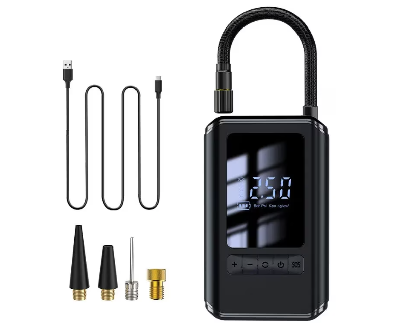 Compresor auto portabil, cu afisaj digital, 4 moduri, 4 capete pentru umflare, husa depozitare, acumulator 2 x 2000mah, pompa electrica pentru umflat, 10.3 BAR, functie powerbank, incarcare tip c, lumina LED, 30l/min, 60W, CX-229 