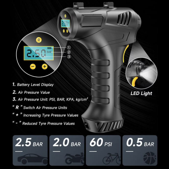 Mini Compresor Auto Tip Pistol, Maxim 10 BAR / 150 PSI, Display Digital cu LED Programabil, Negru