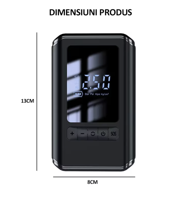 Compresor auto portabil, cu afisaj digital, 4 moduri, 4 capete pentru umflare, husa depozitare, acumulator 2 x 2000mah, pompa electrica pentru umflat, 10.3 BAR, functie powerbank, incarcare tip c, lumina LED, 30l/min, 60W, CX-229 