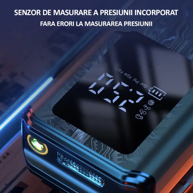 Compresor auto portabil, cu afisaj digital, 4 moduri, 4 capete pentru umflare, husa depozitare, acumulator 2 x 2000mah, pompa electrica pentru umflat, 10.3 BAR, functie powerbank, incarcare tip c, lumina LED, 30l/min, 60W, CX-229