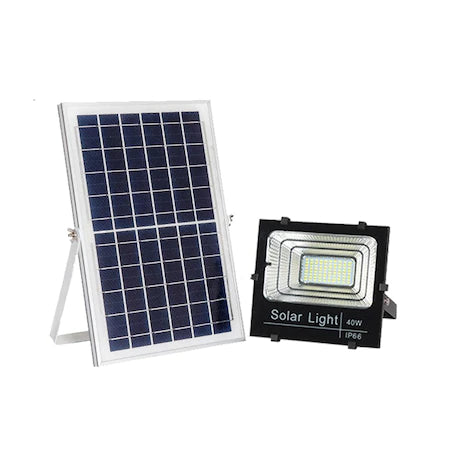 Set Proiector cu LED SMD putere de 40W, panou solar, telecomanda cu functii multiple, baterii incluse, rezistent la apa IP66, negru