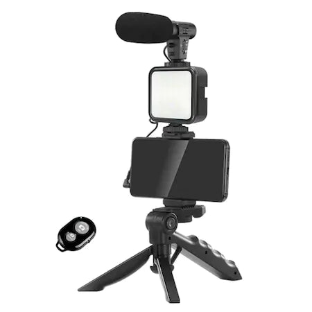 Kit de vlogging sau podcast pe trepied si flux live cu lumina LED si microfon, compatibil cu aparatul foto/smartphone-uri
