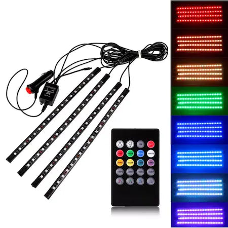 Lumini ambientale auto, intensitate reglabila, kit 4 benzi 12 SMD RGB cu telecomanda