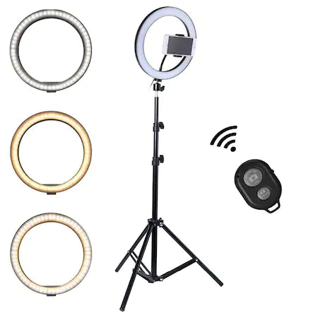 Lampa circulara Ring Light, diametru 26cm/10inch LED , conectare USB , 3 moduri de lumina , 10 trepte reglaj , suport telefon , telecomanda selfie , trepied 210cm inclus