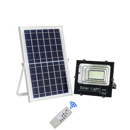 Set Proiector cu LED SMD putere de 40W, panou solar, telecomanda cu functii multiple, baterii incluse, rezistent la apa IP66, negru