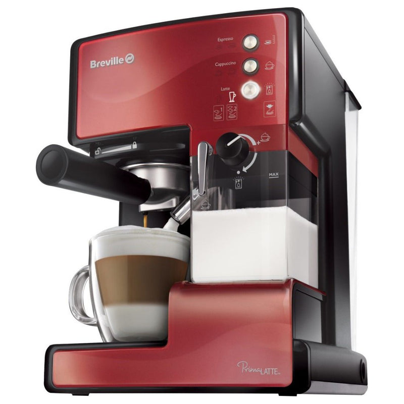 Espressor cafea Breville Prima Latte, cafea macinata + capsule, 15 bar, 1050 W, capacitate 1.5 litri, recipient lapte detasabil 0.3 litri, functie autocuratare, sistem termoblock, rosu + negru