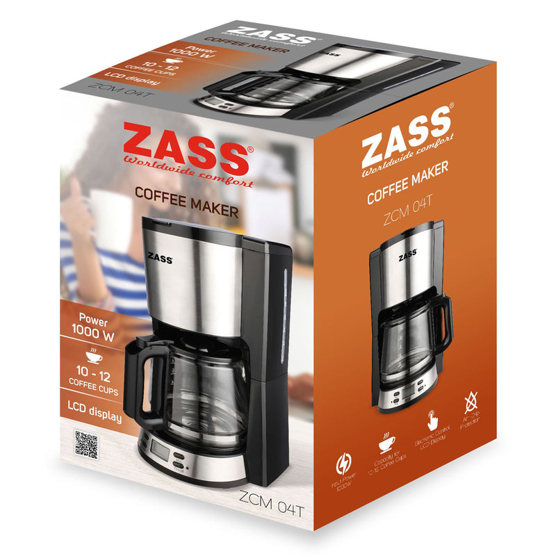 Cafetiera Zass, 1000 W, 1.5 litri, capacitate 10 - 12 cesti, functie antipicurare, functie de mentinere cald, oprire automata, programare intarziata, protectia rezistentei la lipsa apei, display LCD, negru + argintiu