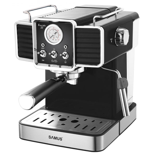 Espressor cafea Samus Barista 20, cafea macinata, 20 bar, 1350 W, capacitate 1.5 litri, design retro, indicator presiune analogic, comutatoare retro, valva de siguranta eliberare presiune, rezervor din aliaj de aluminiu, negru + argintiu