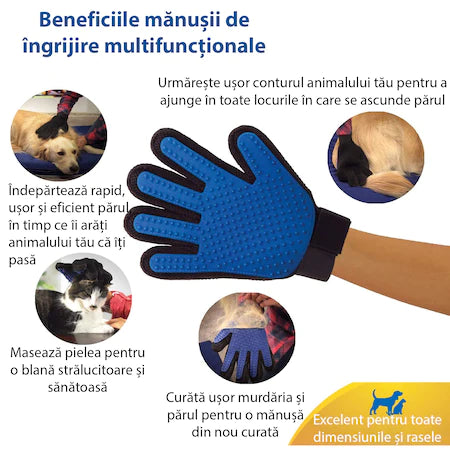 Manusa-perie de ingrijire caini, pisici si alte animale de companie, pentru mana dreapta, Albastru cu negru