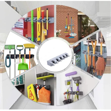 Suport de perete pentru maturi si mopuri, lopata, lavete, bata baseball, grebla, accesorii de gradinari, gri
