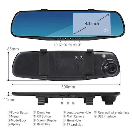 Camera Video Auto Discreta tip Oglinda cu Doua Camere Full HD Fata/Spate , Model Slim 9mm Grosime
