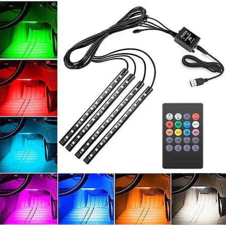 Lumini ambientale auto, intensitate reglabila, kit 4 benzi 12 SMD RGB cu telecomanda