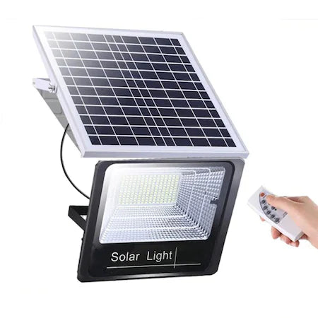 Set Proiector puternic cu 224 LED SMD putere de 100W cu panou solar, telecomanda cu functii multiple, baterii incluse, rezistent la apa IP66, negru