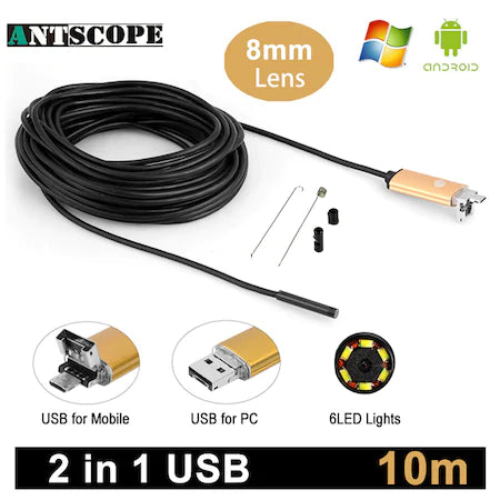 Camera Endoscopica de Inspectie 2 In 1 Android PC Micro USB Camera HD 6 Led Cu Functie OTG si UVC 8.0mm 10Mt