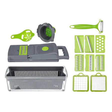 Set razatoare Multifunctionala, lame inox, maner protectie, 15 piese, gri/verde